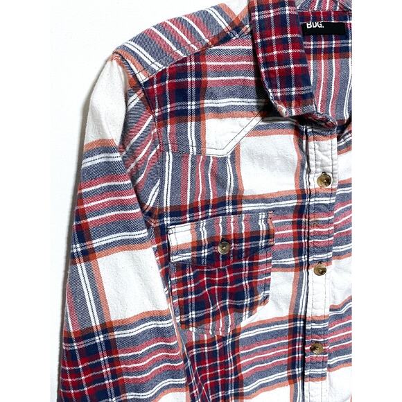 BDG Plaid Striped Red White Blue Button Down Shirt Flap Front Pockets Womens M - Picture 3 of 8
